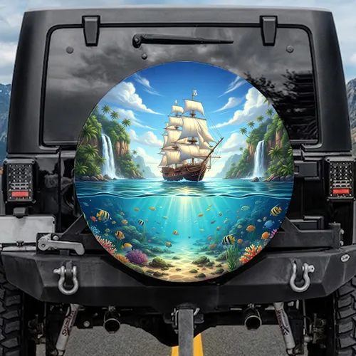 Tropical Island Sailing Ship Underwater Reef Ocean Seascape - Coastal Lifestyle Spare Tire Cover
