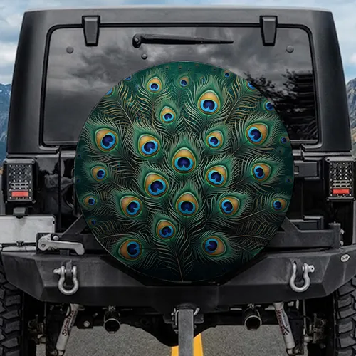 Fanned Iridescent Peacock Ocelli Tail Feathers - Wildlife Lover Car Decor Gift Spare Tire Cover