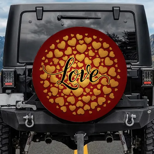 Crimson Red Love Script Gold Hearts Valentine's Day Anniversary Gift for Her Spare Tire Cover