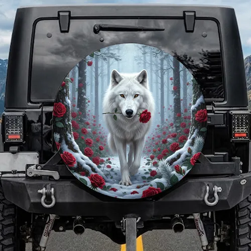White Wolf Red Roses Snow Forest Scene - Wildlife Lover Vehicle Accessory Spare Tire Cover
