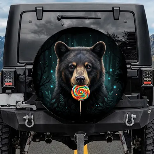 Realistic Black Bear Cub Vibrant Swirl Lollipop Luminous Dark Forest - Wildlife Lover Gift Spare Tire Cover