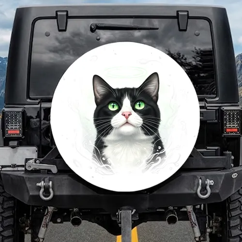 Curious Black White Tuxedo Cat Luminous Green Eyes White Whiskers White Muzzle - Cat Lover Gift Spare Tire Cover