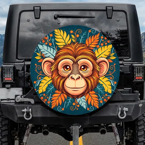 Stylized Monkey Face Tropical Foliage Orange Berries - Nature Lover Gift Spare Tire Cover