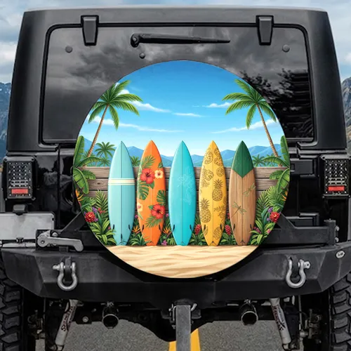 Five Vintage Surfboards Hawaiian Floral Pineapple Tropical Beach Scene - Travel Essentials Spare Tire Cover