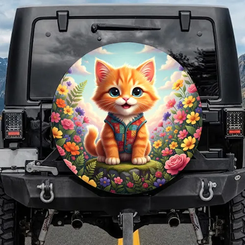 Orange Kitten Blue Eyes Patchwork Vest Blooming Wildflowers Green Foliage - Cat Lover Gift Spare Tire Cover
