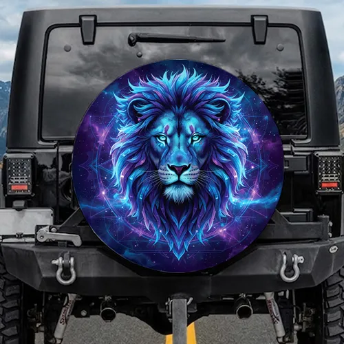 Fantasy Lion Head Glowing Eyes Crystalline Mane Cosmic Nebula - Fantasy Lover Gift Spare Tire Cover