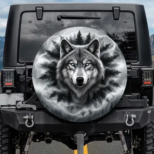 Realistic Wolf Head Luminous Eyes Dark Pine Trees Black White Forest - Wildlife Lover Gift Spare Tire Cover