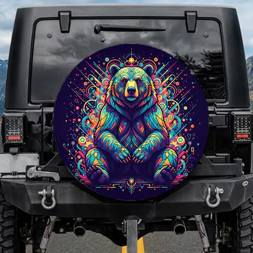 Kaleidoscopic Grizzly Bear Glowing Shapes - Wildlife Lover Outdoor Adventure Gift Spare Tire Cover