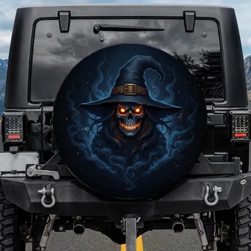 Fiery Skull Witch Hat Swirling Smoke Glowing Embers - Halloween Decor Gift Spare Tire Cover