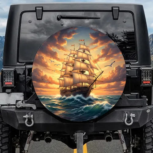 Three-Masted Tall Ship Ocean Sunset - Travel Essentials Adventure Gift Spare Tire Cover