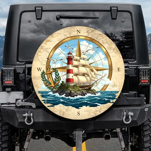 Nautical Compass Lighthouse Sailing Ship - Travel Essentials Gift for Sailors Spare Tire Cover