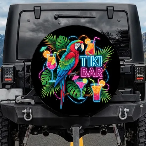 Macaw Parrot Neon TIKI Bar Tropical Cocktails - Outdoor Decor Gift Spare Tire Cover