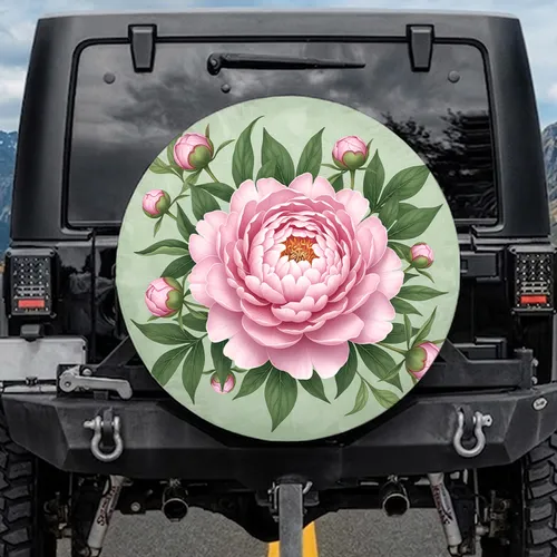 Delicate Light Pink Peony Sage Green Foliage - Floral Car Decor Gift Spare Tire Cover