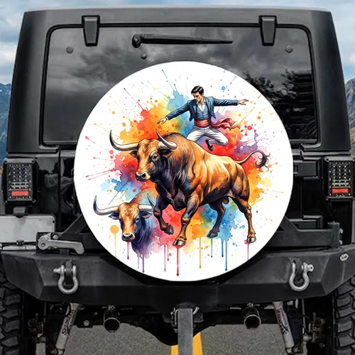 Charging Bull Running Man - Cultural Festival Gift for Adventure Lovers Spare Tire Cover