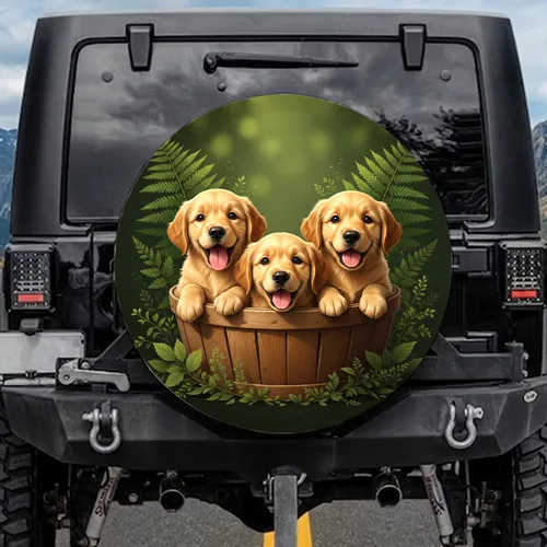Golden Retriever Puppies Rustic Basket Forest Garden - Puppy Lover Gift Spare Tire Cover