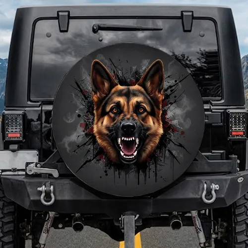 German Shepherd Dog Snarling Head Sharp Teeth - Dog Lover Car Accessory Gift Spare Tire Cover