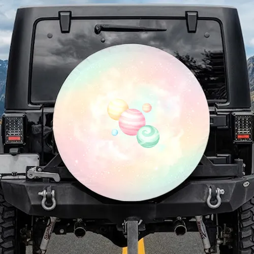 Pastel Yellow Pink Mint Blue Planets Stars Celestial Sky - Celestial Decor Gift for Space Lover Spare Tire Cover