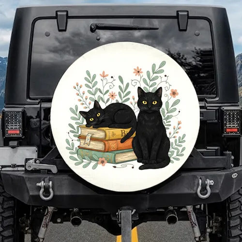 Bright Yellow Eyes Black Cats Antique Books Sage Green Pink Flowers - Outdoor Cat Lover Gift Spare Tire Cover
