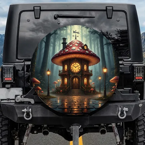Mushroom Clock House Ancient Forest - Car Decor Gift for Mushroom Lover Spare Tire Cover