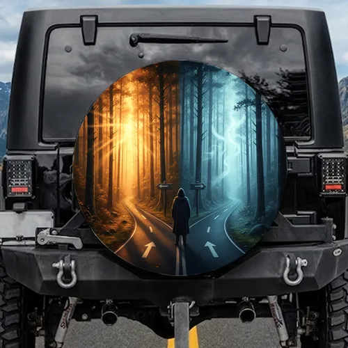 Crossroads Lone Figure Diverging Forest Paths - Outdoor Adventure Gift Spare Tire Cover