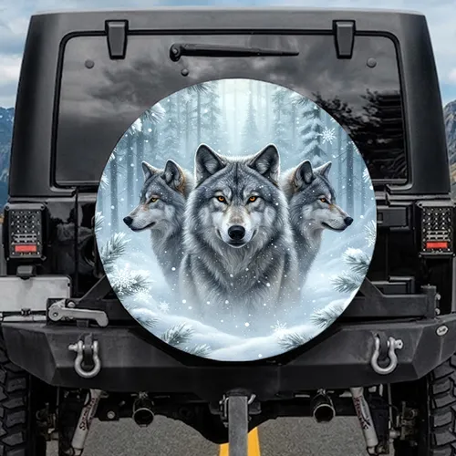 Three Majestic Grey Wolves Snow Pine Forest Falling Snowflakes - Wildlife Lover Gift Spare Tire Cover