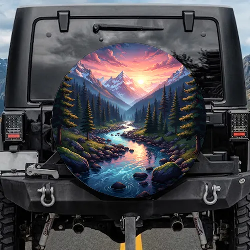 Snow-Capped Mountain Valley Winding River Sunset - Outdoor Explorer Gift Spare Tire Cover