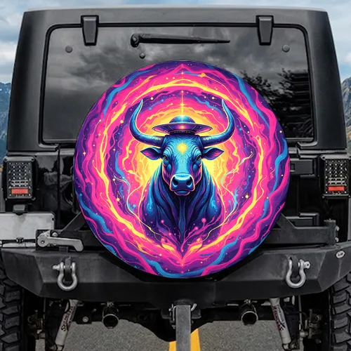 Stylized Bull Metallic Hat Cosmic Energy Nebula – Psychedelic Art Enthusiast Gift Spare Tire Cover