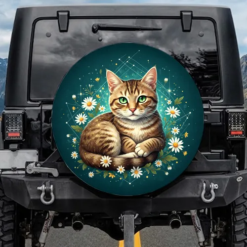 Tabby Cat Green Eyes Pink Nose Relaxed Pose Daisies Floral Leaves - Cat Lover Gift Spare Tire Cover
