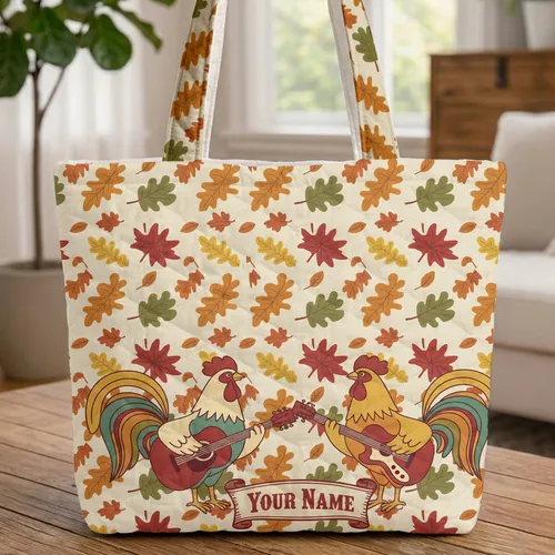 Rooster Guitar Players Autumn Leaves - Country Folk Art Everyday Carry Gift Quilted Tote Bag