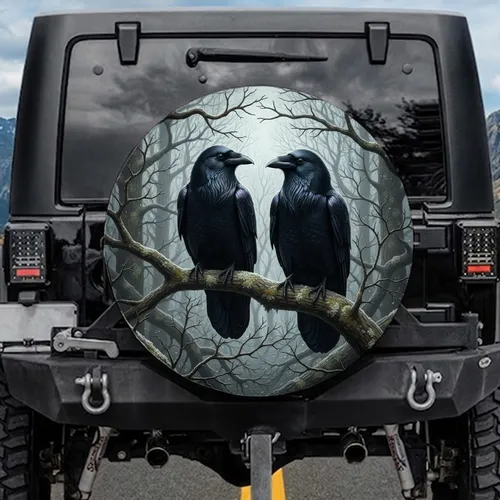 Iridescent Ravens on Mossy Branch Gnarled Winter Forest - Wildlife Lover Gift Spare Tire Cover