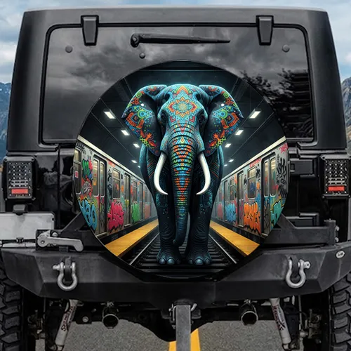 Majestic Black Elephant Mandala Subway Train Graffiti - Elephant Lover Gift Spare Tire Cover