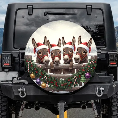 Four Donkeys Santa Hats Holly Berries Wooden Fence - Christmas Holiday Gift Spare Tire Cover