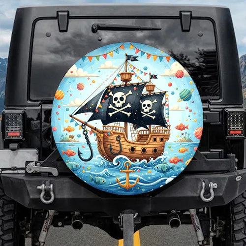 Pirate Ship Skull Crossbones Golden Anchor - Nautical Road Trip Essentials Spare Tire Cover