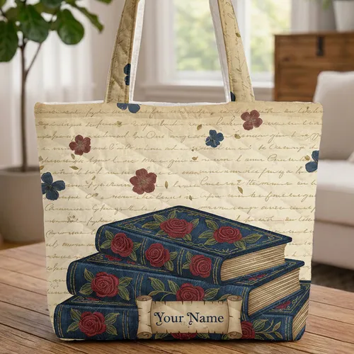 Ornate Vintage Books Roses Pressed Flowers - Everyday Carry Lifestyle Gift Quilted Tote Bag