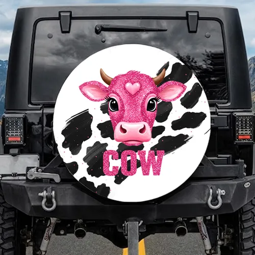Pink Glitter Cow Head Heart - Farmhouse Decor Cow Lover Gift Spare Tire Cover