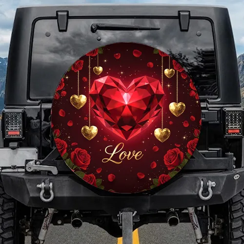 Faceted Heart Roses Starbursts Love - Anniversary Gift for Her Spare Tire Cover
