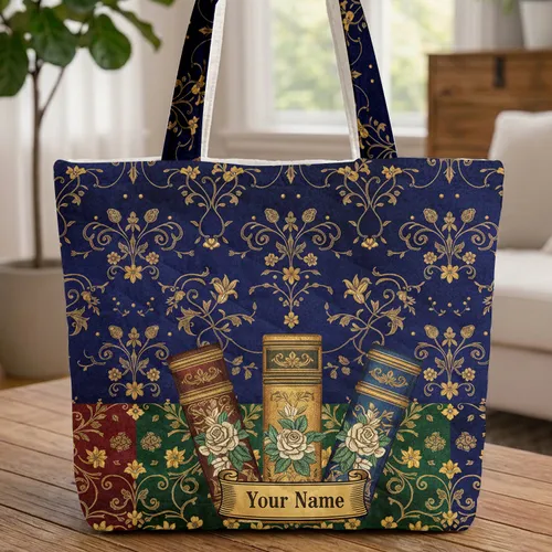 Ornate Book Spines Gold Botanical Scroll Roses Personalized - Everyday Carry Gift Quilted Tote Bag