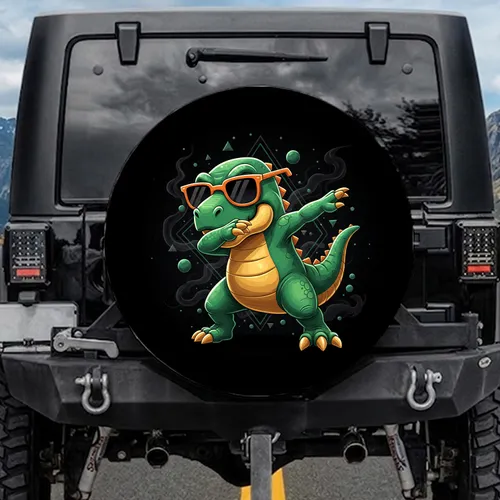 Cartoon Dinosaur Dabbing Sunglasses - Vehicle Decor Gift for Dinosaur Lover Spare Tire Cover