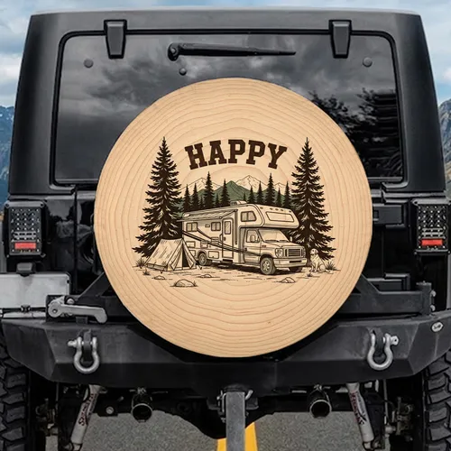 Happy RV Camping Mountain Wood Grain - Outdoor Travel Gift for RVers Spare Tire Cover
