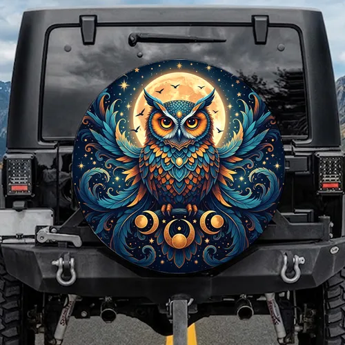 Owl Full Moon Golden Stars Flying Birds Celestial Sky - Wildlife Outdoor Explorer Gift Spare Tire Cover