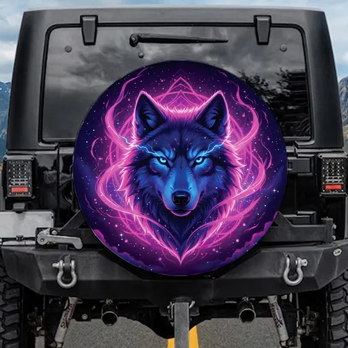Glowing Wolf Head Neon Fractals Cosmic Sky - Fantasy Adventure Gift Spare Tire Cover