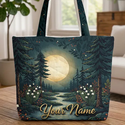 Moonlit Forest Pine Tree Lily Berry Personalized Name - Travel Essentials Quilted Tote Bag