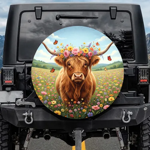 Highland Cow Wildflower Meadow - Farmhouse Car Decor Gift for Cow Lover Spare Tire Cover