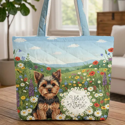 Yorkshire Terrier Wildflower Meadow Floral Wreath - Dog Lover Everyday Carry Gift Quilted Tote Bag