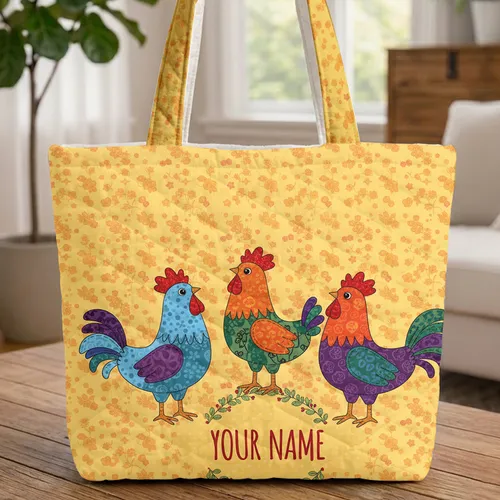 Patchwork Roosters Floral Wreath Polka Dots - Everyday Carry Gift Quilted Tote Bag