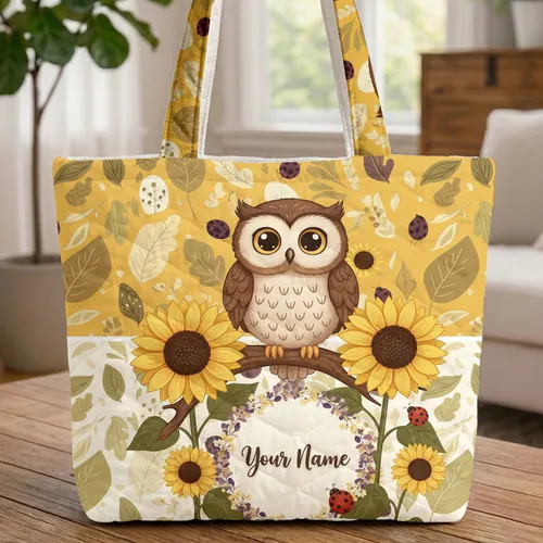 Owl Sunflowers Ladybugs Fall Leaves - Custom Name Everyday Carry Gift Quilted Tote Bag