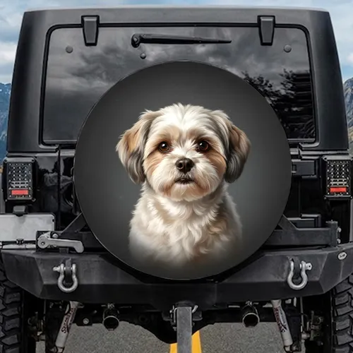 Fluffy Shih Tzu Havanese Mix Dog with Cream Grey Fur - Car Decor Gift for Dog Lovers Spare Tire Cover