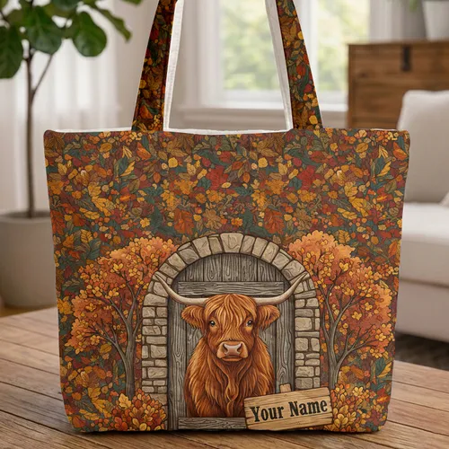 Highland Cow Peeking Rustic Doorway Autumn Leaves - Cow Lover Everyday Carry Gift Quilted Tote Bag