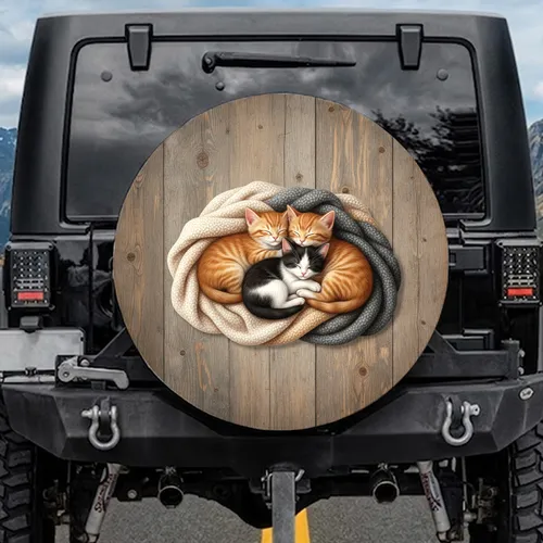 Sleeping Fluffy Kittens Orange Tabby Black White Snuggled - Pet Lover Car Decor Gift Spare Tire Cover
