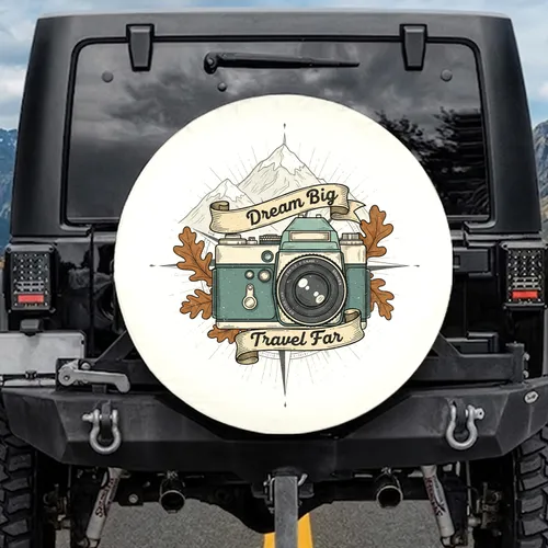Vintage Film Camera Mountains Oak Leaves Dream Big Travel Far - Travel Lover Gift Spare Tire Cover